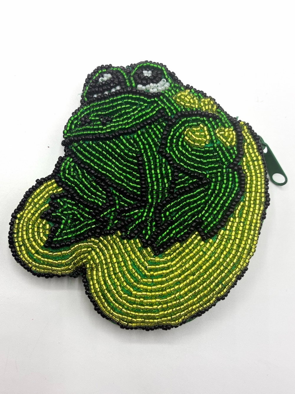 Beaded Frog Coin Purse Zipper Pouch Green Yellow Novelty